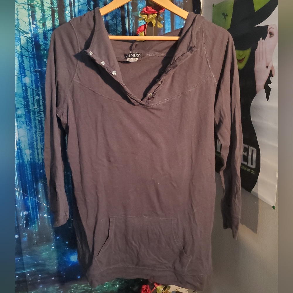 Black Venus hoodie with front pouch and button collar detail size Large